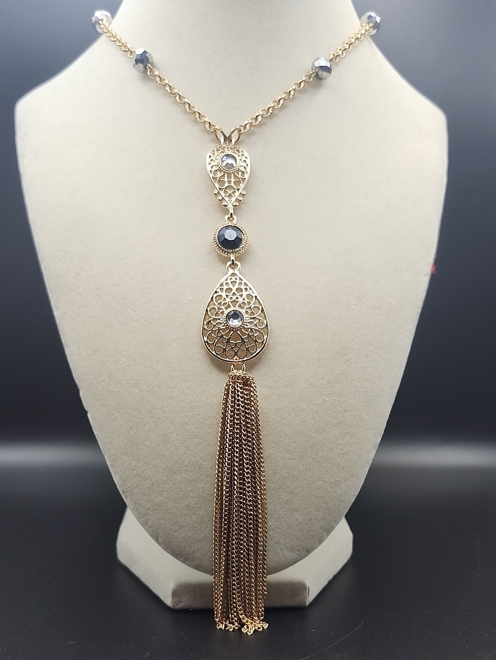 Joan Rivers Gold-Tone Filigree Tassel Necklace with Black Stones